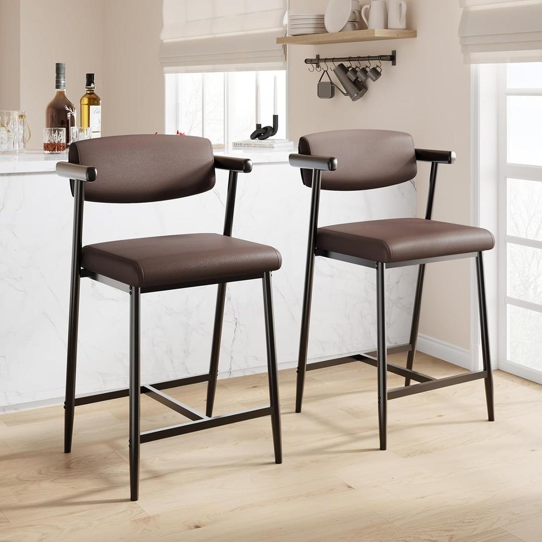 GarveeHome Bar Stools Set of 2, 26.5 in Upholstered Counter Height Bar Stools for 2 with Armrest, Wider Thickened Cushion, Bar Chairs with Backrest for Bar, Dining Room, Kitchen, Retro Brown