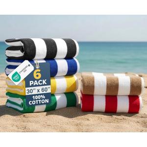 LANE LINEN Beach Towels 6 Pack - 520 GSM Beach Towel (30" x 60")  100% Cotton Soft, Thick & Highly Absorbent Pool Towels for Hotel Airbnb Spa - Quick Dry Cabana Stripe Large Towel - Tropical Escape