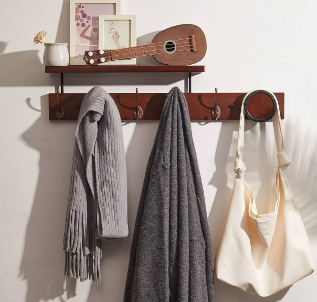 UWAET Coat Rack Wall Mounted with Shelf 27.5 Inch Length Wall Hanging Shelf Bamboo Coat Hooks with 6 Hooks for Entrance, Living Room,Bedroom, Bathroom (6 Hooks)