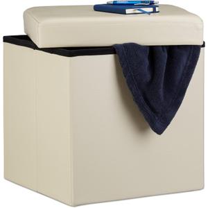 Relaxdays Folding Ottoman 38 x 38 x 38 cm Sturdy Storage Chair Pouffe and Footstool, Faux Leather Box, Removable Lid, Cream