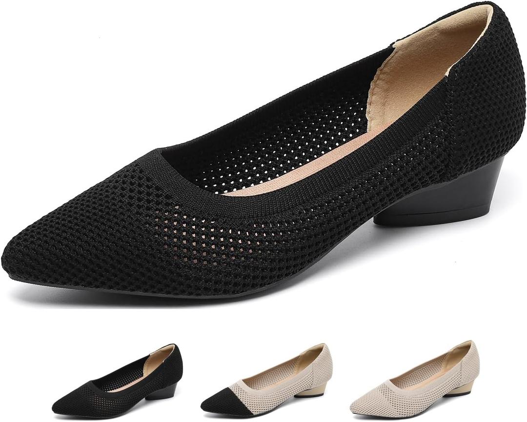 Women's Knit Pointed Toe Low Chunky Heel Pumps Fashion Mesh Hollow Shallow Mouth Slip On Low Heel Ballet Shoes Comfortable Breathable Casual Office Wedding Formal Dress Shoes, 35