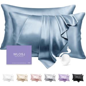 100% Silk Pillow Cases 2 Pack Queen Size Mulberry Silk Pillowcase Set of 2 for Hair and Skin 22 Momme Highest Grade 6A Silk Cooling Soft Smooth with Zipper 20 x 30 Inches, Grey Blue