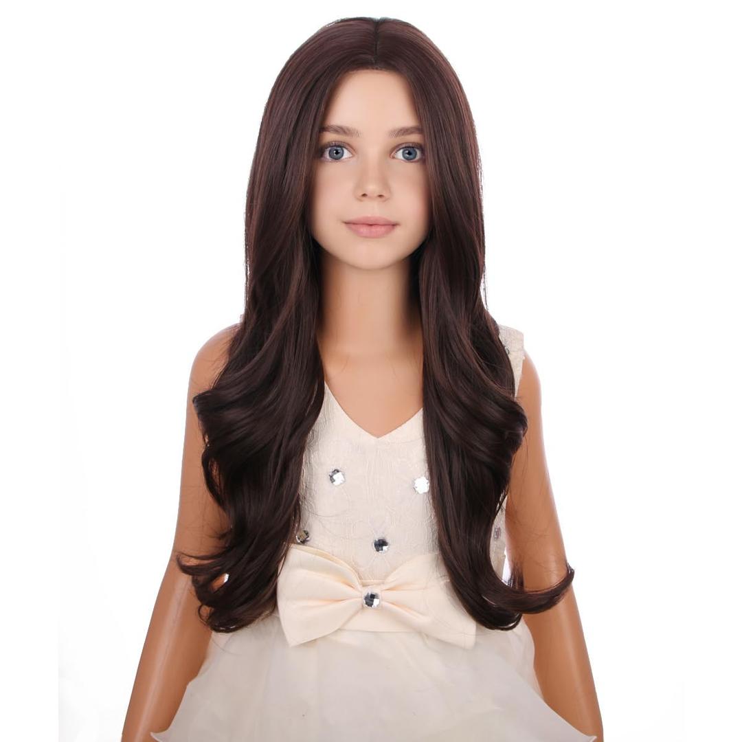 PATTNIUM Brown Wig for Kids Child Dark Brown Wig Long Curly Wavy Girls Middle Part Synthetic Wigs