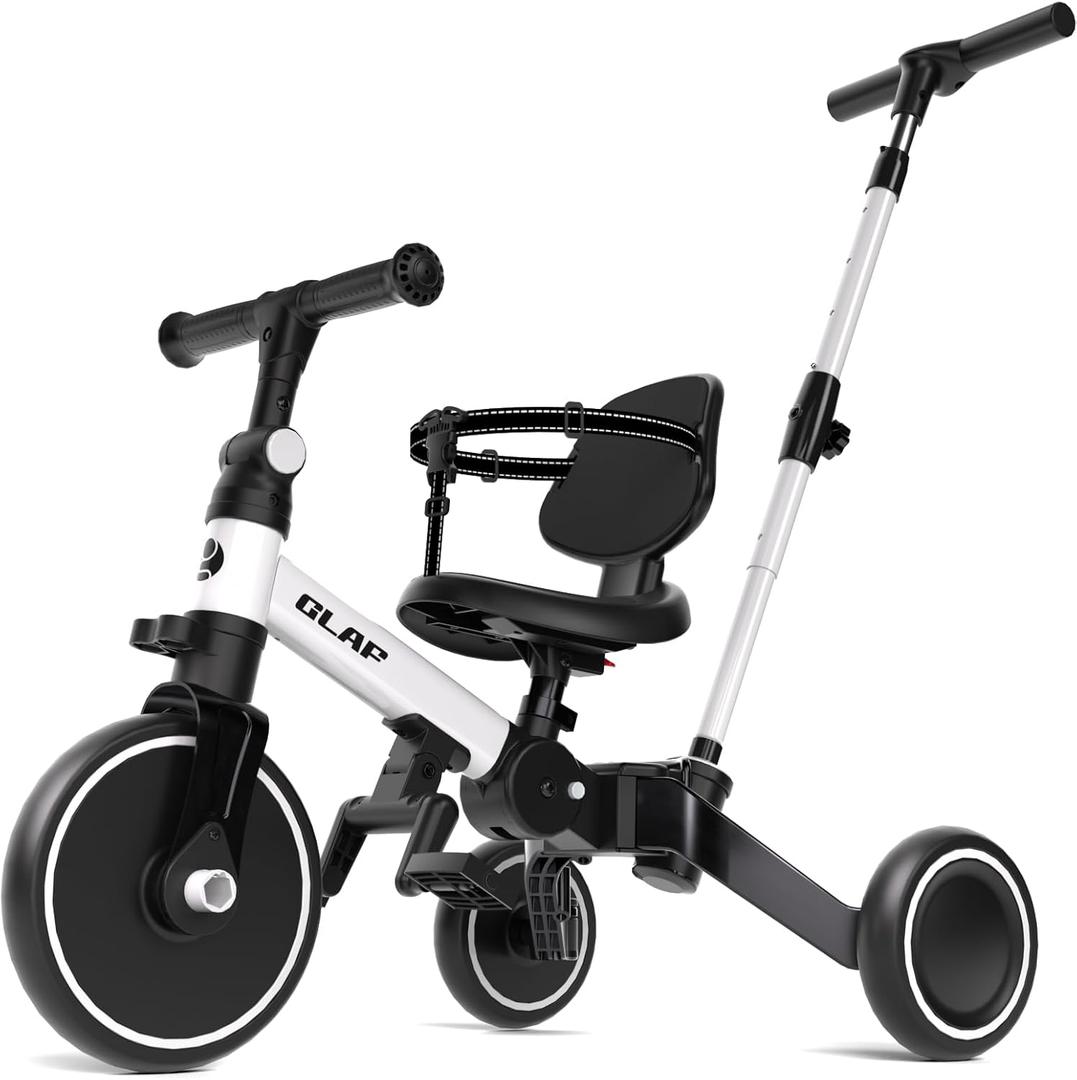 Glaf Tricycle for Toddlers 1-3 Toddler Bike with Push Handle 2-4 Years Baby Bike Toys for 2 Years Boys and Girls Balance Bike with Adjustable Seat Height and Backrest Birthday Gift (White), Medium