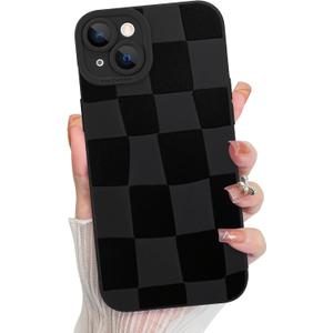 KANGHAR Compatible with iPhone 14 Case, Silicone Checkered Cute Pattern, Camera Protection Soft Slim Phone Case for Girls Women -Black