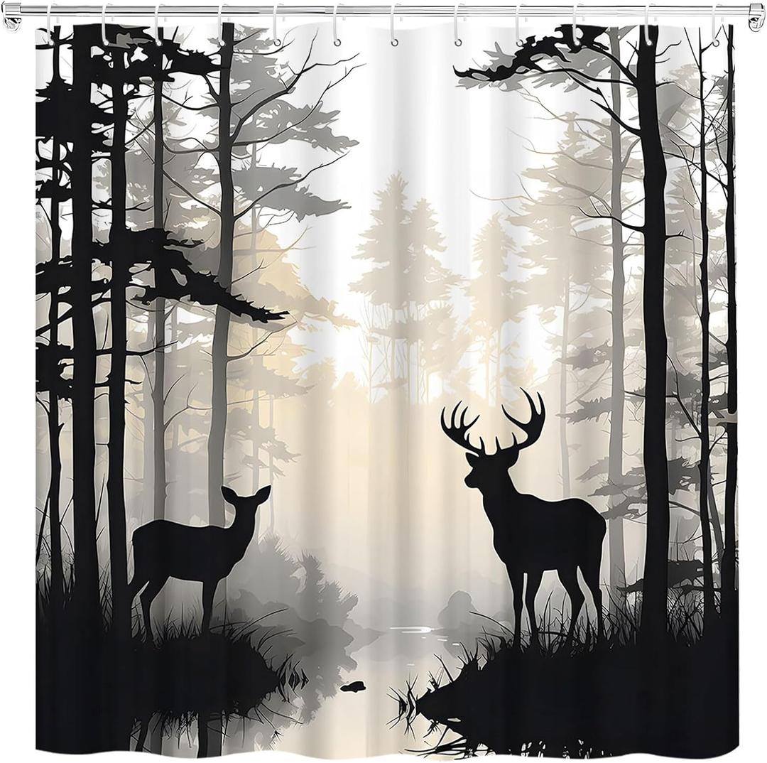 Forest Deer Shower Curtain Foggy Wildlife Hunnting Rustic Cabin Lodge Country Farmhouse Pine Tree Grey Elk Moose Shower Curtains Set Bathroom Polyester Fabric with Hooks (70" W x 70" L)