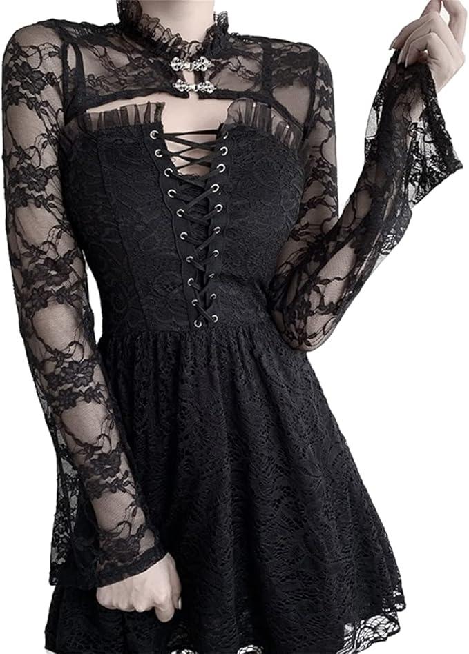 Women Goth Tops Punk Cover Ups Mesh Crop Top See Through Sexy Long Sleeve Blouse Y2k Black Rave Outfit Festival S