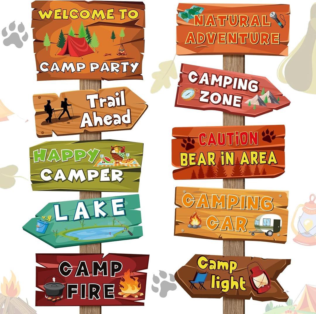 Hooqict 20 Pieces Camping Themed Party Decorations Camping Party Directional Signs for Summer Camp Decor Welcome to Camp Birthday Party Supplies Classroom Wall Door Porch Yard Sign