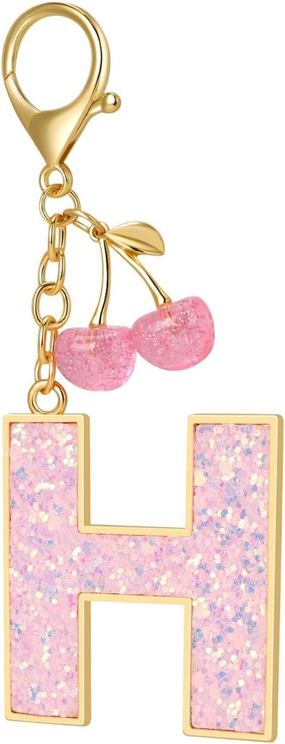 Junyuerly Pink Initial Keychain with Cherry Charm, Gold letter Bag Charms for Women,Cute Purse Handbag Accessories