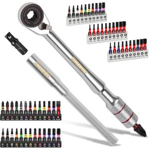 Geinxurn 60Pcs Mini T-Handle Ratchet Wrench Set, 72-Tooth Reversible Ratchet with Extension Bar,1/4" Socket Adapter, and 1Impact (Phillips/Torx/Hex) Screwdriver Bit Stored in Coded Base for Repair