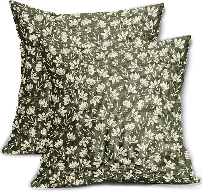 Olive Green Floral Pillow Covers 18x18 Set of 2 Vintage Rustic Old Style Cute Small Flower Green Cream Print Decorative Outdoor Pillowcases Farmhouse Throw Cushion Case Decor for Couch Sofa Bed