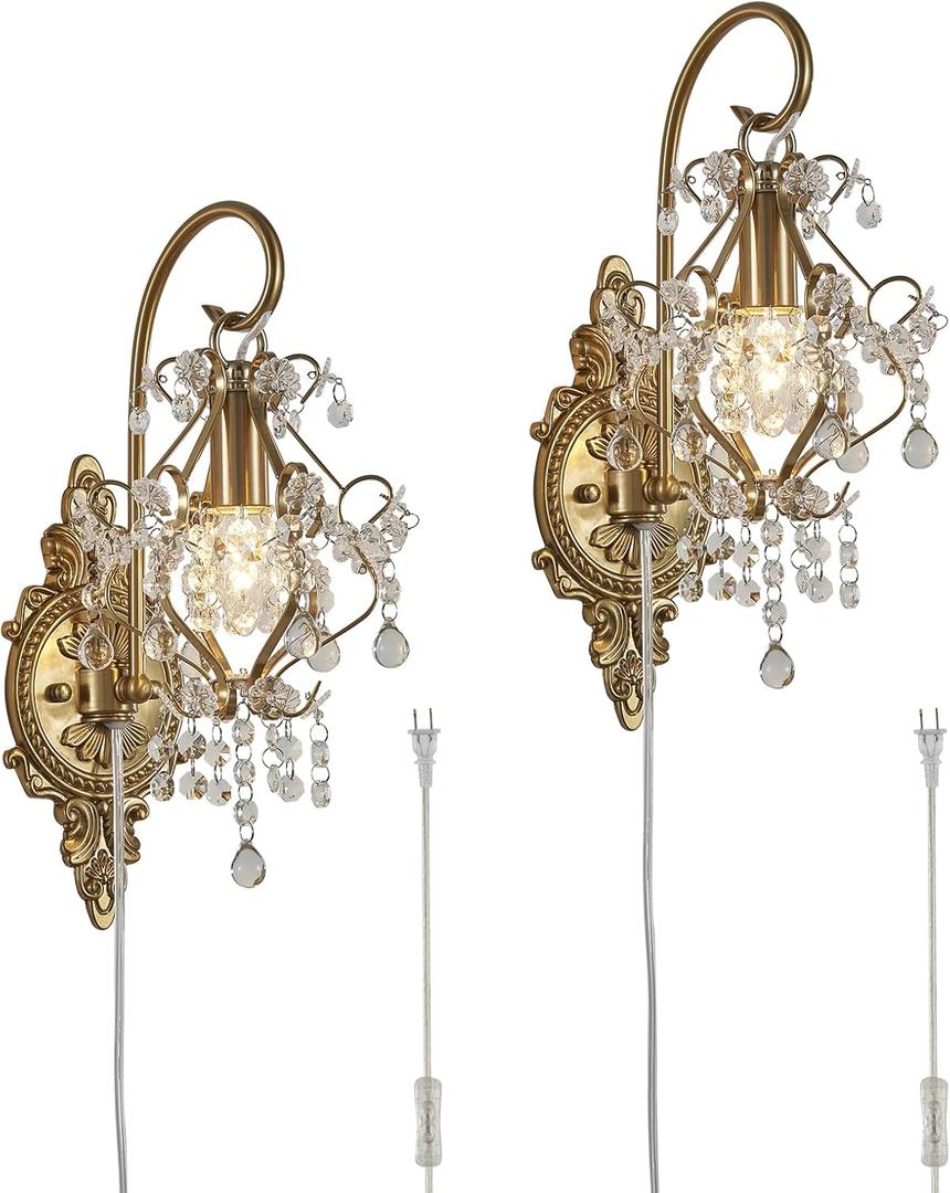 Gold Crystal Vintage Plug in Wall Sconces Set of 2 Indoor Wall Light Fixture, Modern Wall Mount Lamp Light for Bedroom Living Room Bathroom Vanity Light Hallway Light Fixture LED E12