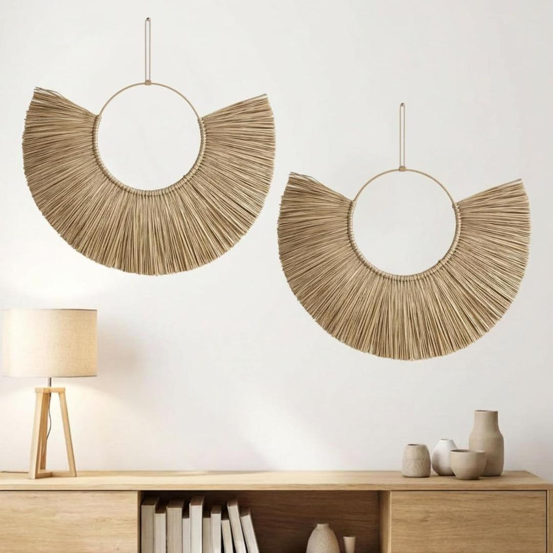 RattanView 2 Pcs Woven Seagrass Boho Fan Wall Decor, 20'' x 12'' Rattan Wicker Basket Wall Art, Versatile Room Accent for Home Living Room Bedroom