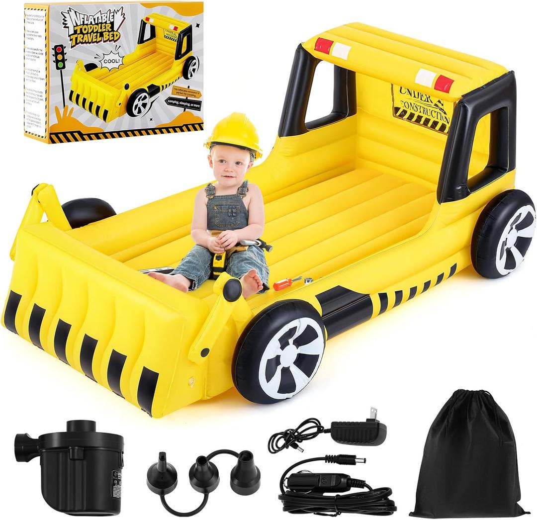 Yellow Excavator Inflatable Kids Bed, Toddler Travel Bed with Safety Bumper and Air Mattress Portable Air Mattress with Pump for Kids Vacation Hotel Home Sleepover Birthday Gift