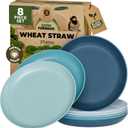 Grow Forward Premium Wheat Straw Plates - 8 Inch Reusable Hard Plastic Dinner Plates Set of 8 - Unbreakable Microwave Safe Plates for Dessert, Camping, RV, Outdoors, Patio, Kitchen Dishes - Seascape