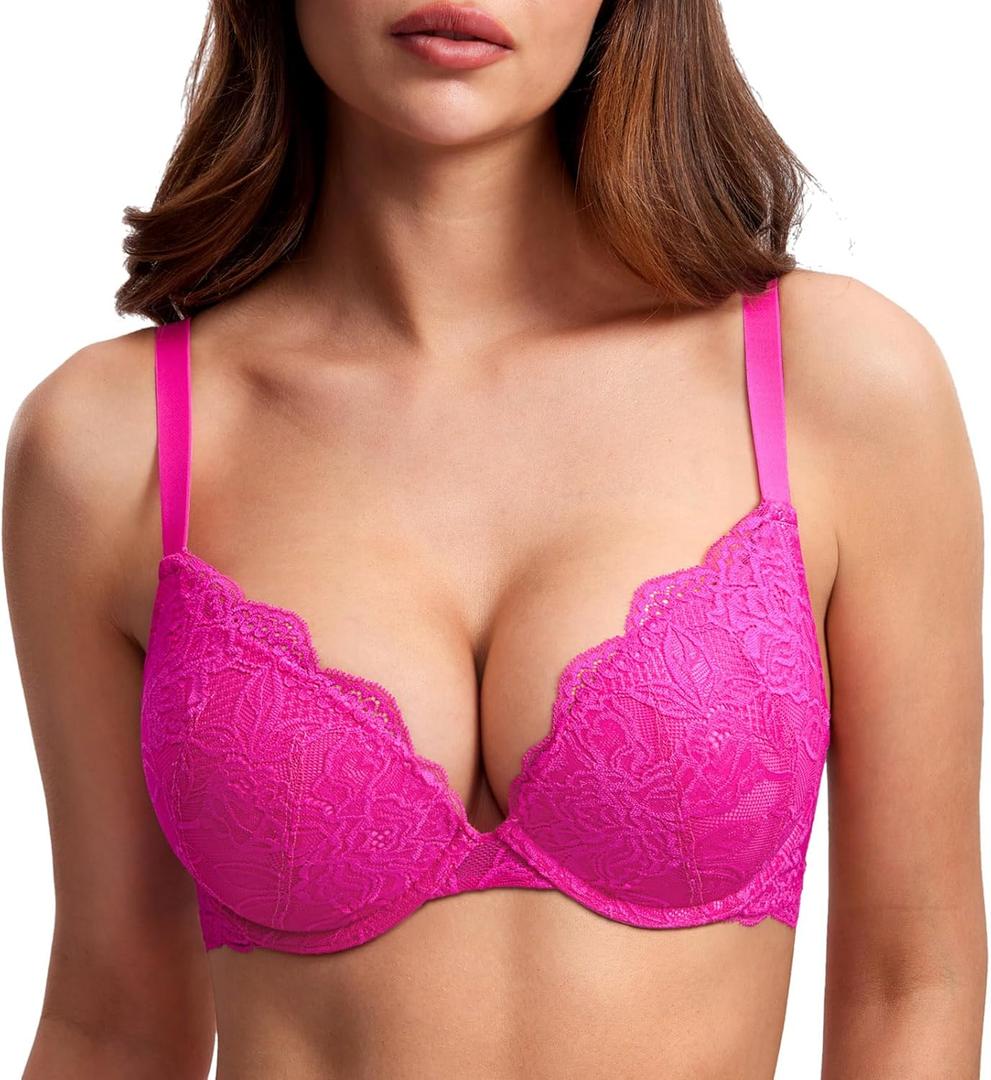 DOBREVA Women's Push Up Lace Bra Underwire Plunge Full Coverage Bras Sexy Plus Size Support (32D, Glitter Pink)