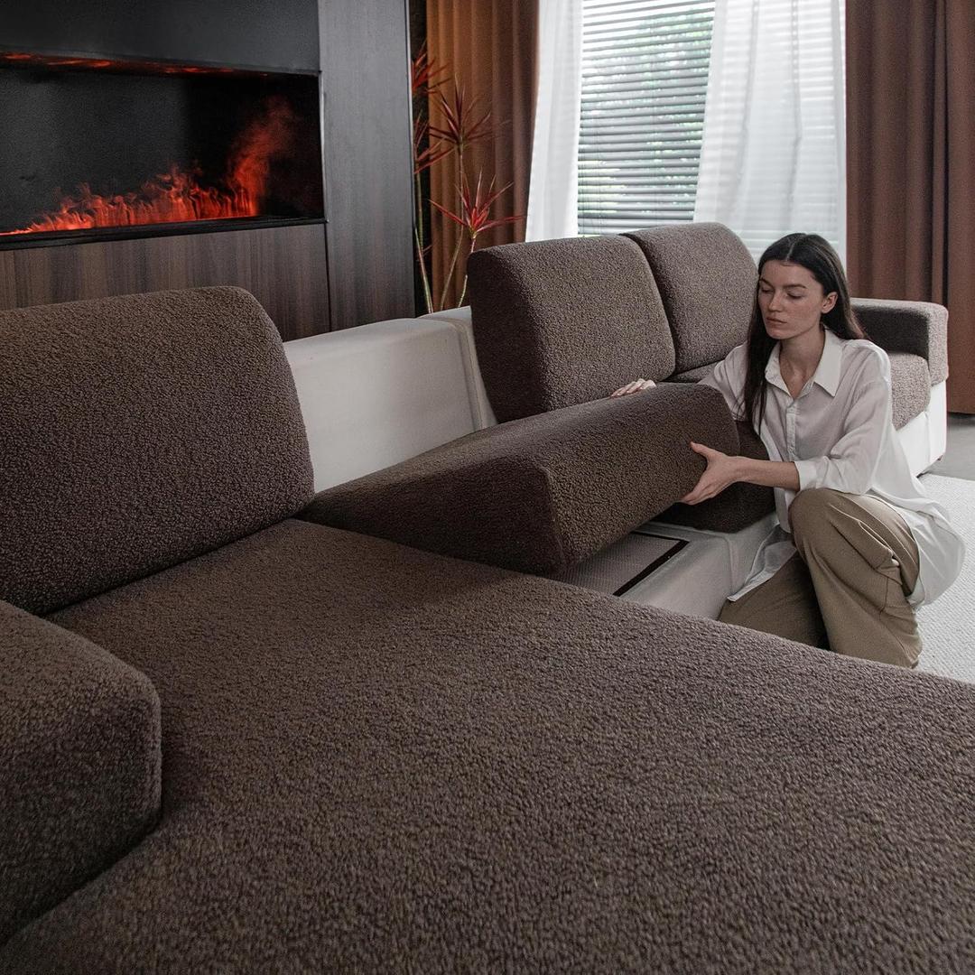 OHSIO Couch Cushion Covers for Sectional Sofa, Stretch Soft Sofa Slipcovers Washable Wear-Resistant Universal Furniture Protector for Living Room(2 Seaters Covers+1 Chaise Cover, Brown)