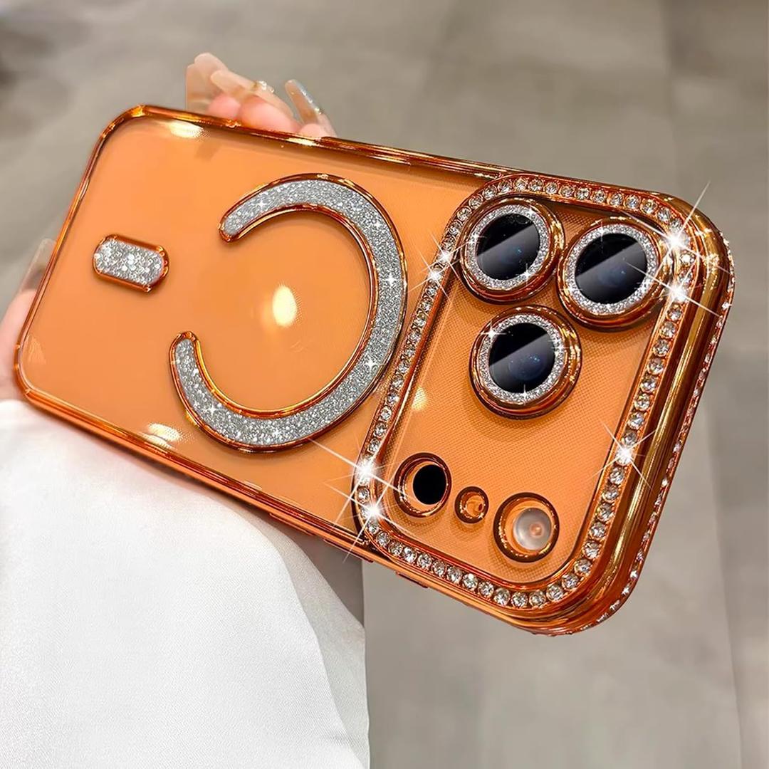 Magnetic Sparkle Diamond for iPhone 17 Pro CaseCompatible with MagSafe Sparkle Diamond Camera Protection Shockproof Clear Cute Glitter Bling for Women and Girls,Orange