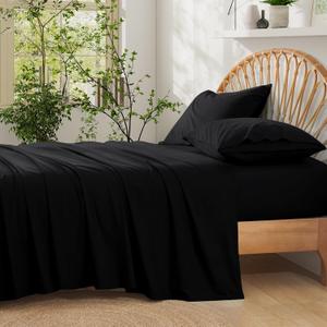 Entisn Pure Cotton Sheets Twin Size Bed Set 3 Pieces, 400 Thread Count Cotton Sheet Set with All Around Elastic for Snug Fit, All Seasons Breathable & Soft Bedding, 16 Inch Deep Pocket, Black