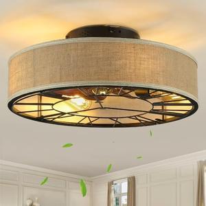 jarensen 20''Boho Ceiling Fans with Lights and Remote Flush Mount, Caged Low Profile Ceiling Fan with Light, Small Bladeless Rustic Burlap Fandelier 6 Speeds for Bedroom Kitchen Living Room,with Bulb
