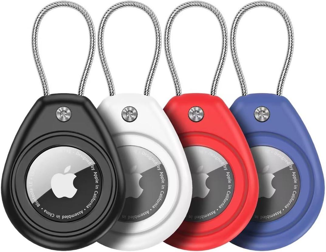 HATALKIN Compatible with AirTag Holder Air Tag Keychain Case with Screen Protector, IP68 Waterproof Air Tags Key Chain for Apple Tag GPS Tracker, Air Tags-4 Pack Holder for Luggage Key,Backpack (Black/White/Red/Blue)