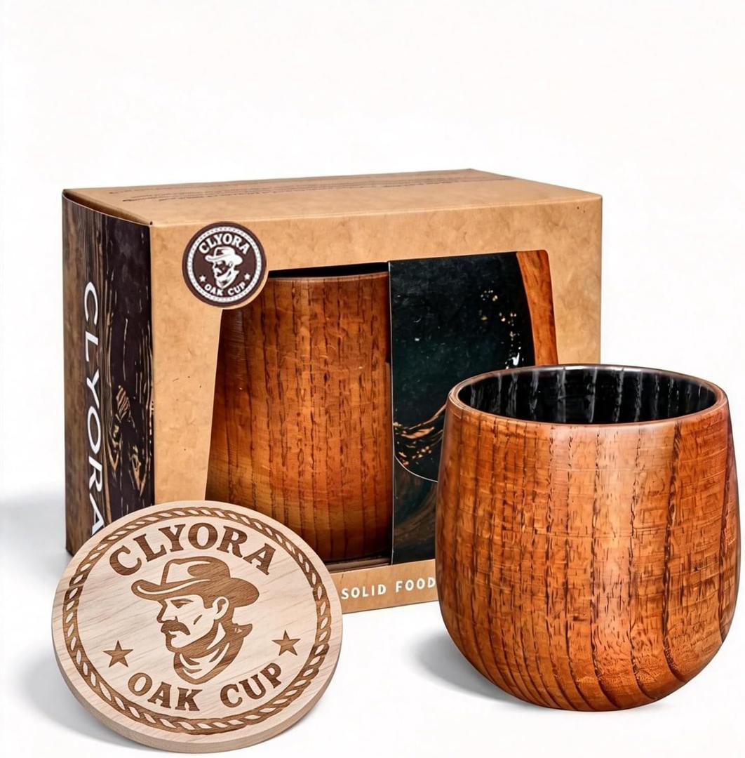 Charred Wooden Bourbon Drinking Glass Whiskey Tumbler - Wooden Old Fashioned Glass Made of Oak Great Whiskey Gifts for Men (1), 16.9 Ounces (EXP 11/25/26)