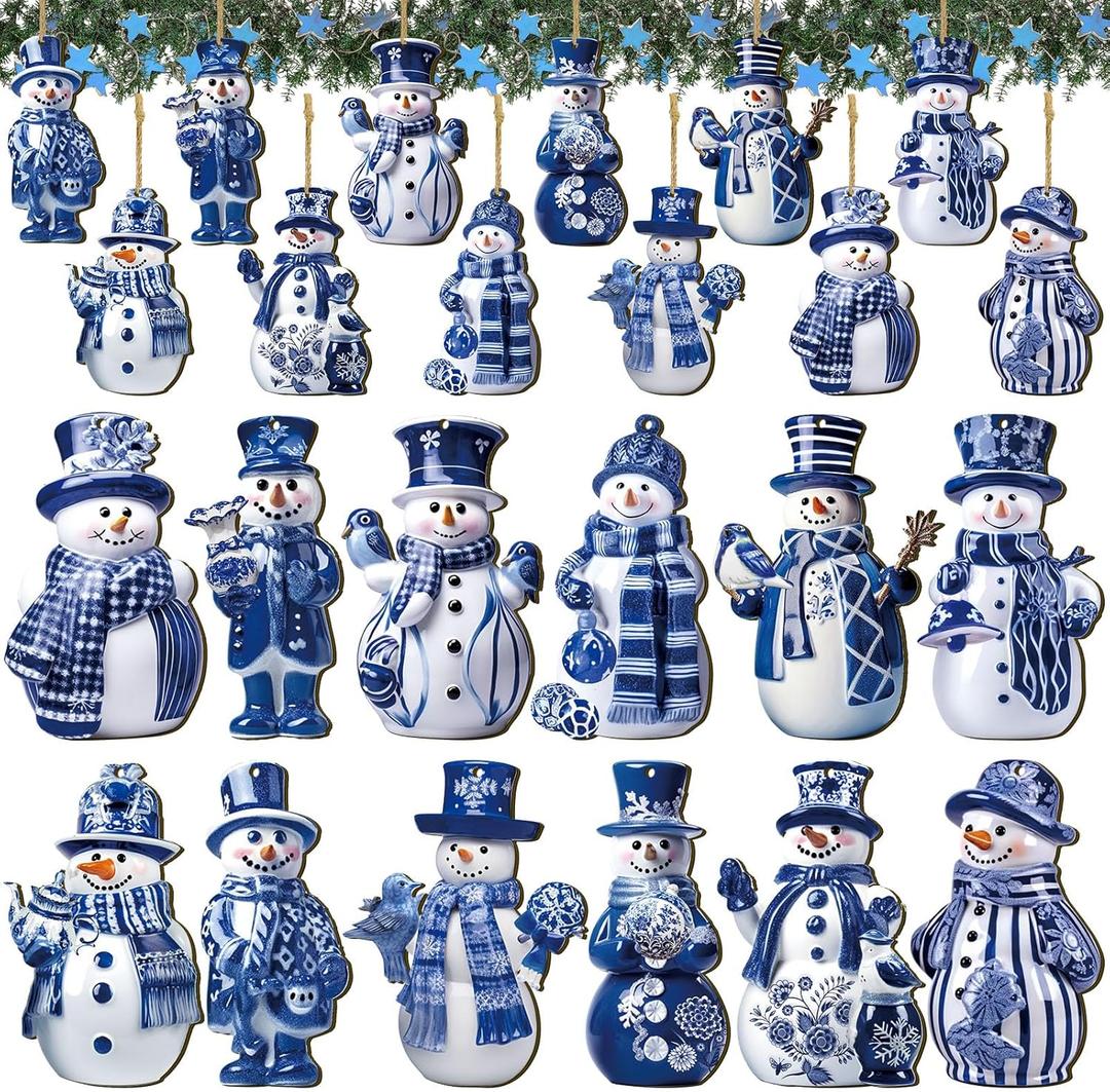 Barydat 36 Pcs Blue and White Christmas Porcelain Snowman Ornaments for Tree Blue and White Porcelain Christmas Decoration Wooden Snowman Hanging Ornaments for Xmas Tree Crafts