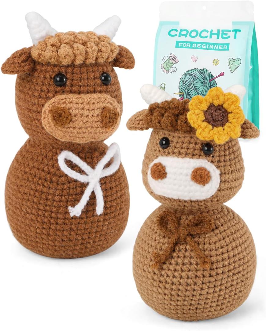 CiyvoLyeen Highland Cow Crochet Kit for Starters Animals Crochet Kit with Step-by-Step Video Tutorials Learn to Crochet Kits Gift Stuffs Crafts for Adults Cattle Lovers DIY Knitting Supplies Set of 2 (Brown)