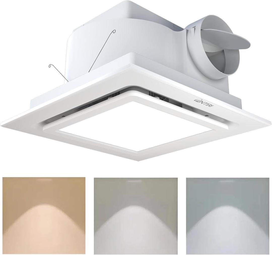 Bathroom Exhaust Fan with Light, 12 INCH, Upgraded Quiet Square Vent Fans with Adjustable LED Light, 141 CFM, for Bathroom, Office, Home (Fan + 3-Color Light (Warm/Neutral/Cool))