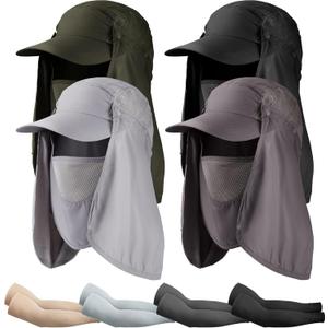 4 Set Sun Hat Fishing Hats UPF 50+ Outdoor Hiking Hat UV Sun Protection Hat with Neck Flap Face Mask and 4 Pack Arm Sleeves (One Size, Black, Dark Gray, Light Gray, Army Green)