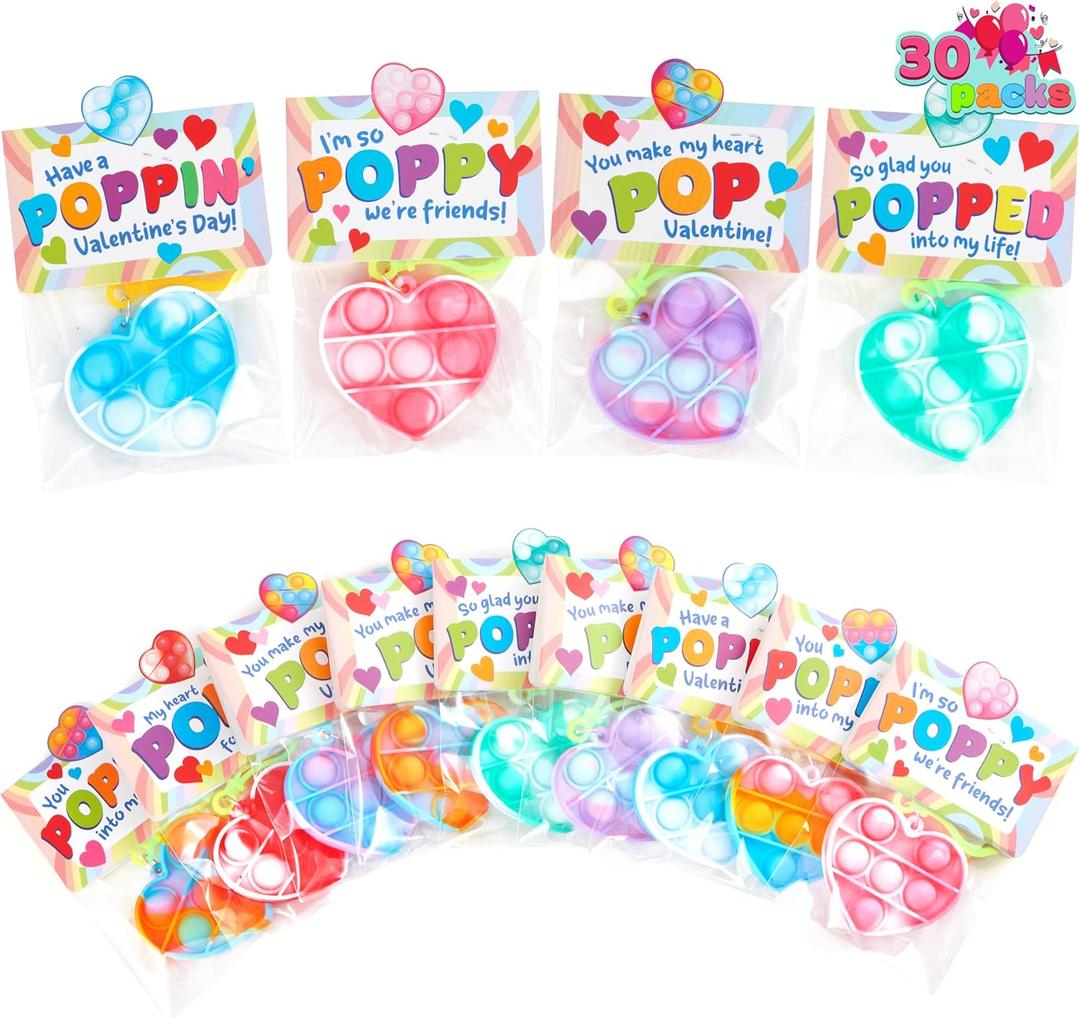 JOYIN 30 Packs Gift Cards with Heart Pop Bubble Keychain, Mini Pop Squeeze Toys, Stress Relief Fidget Toys for Kids Party Favors, Classroom Exchange and Game Prizes