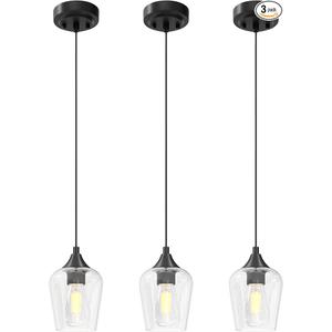VONLUCE Pendant Lights Kitchen Island, Matte Black Pendant Light Fixtures with E26 Base & Adjustable Cable, Modern Pendant Lighting with Glass Shade for Living Room Bedroom Hallway, 3 Packs