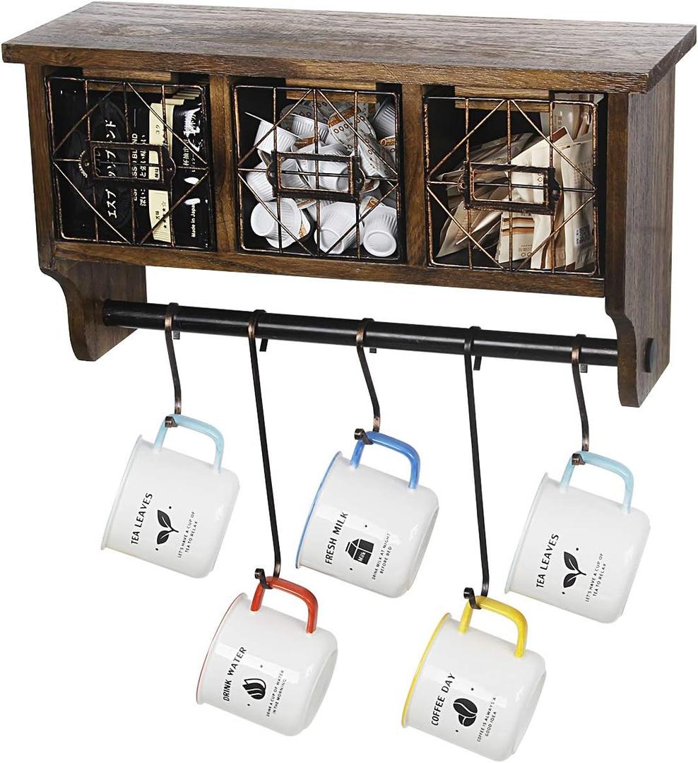 Butizone Rustic Wall Mounted Coat Rack Shelf with Hooks and Baskets, Wood Coffee Mug Storage and Display Organizer, Hanging Entryway Shelf for Coats, Hats, Towel and Keys, Brown