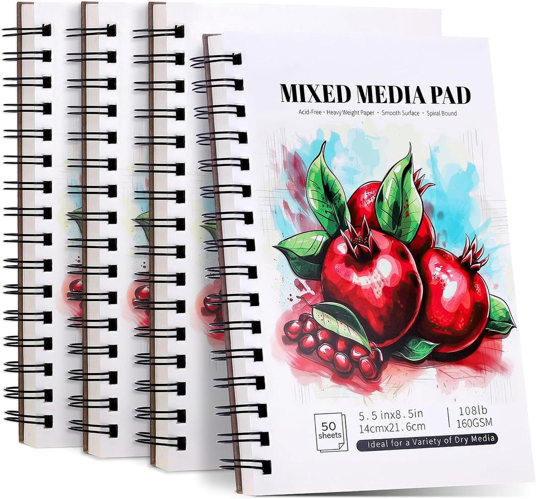 4 Pack Mixed Media Sketchbook, 5.5x8.5 inches Drawing Paper Sketch Book, 98lb/ 160gsm Heavyweight Spiral Bound Sketch Pads, Suitable for Wet and Dry Media, Drawing, Painting, Sketching(200 Sheets)