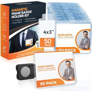 50 Pack of 4x3 Magnetic Name Badge Holders (White Printable Inserts Included) Customizable Magnetic Name Tags for Office, Conventions, School, and Events - Durable and Clear Plastic Name Tag Holder