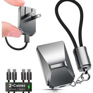 USB C Charger for iPhone 16/15 Charger Fast Charging, GaN Keychain Design Fast Wall Charger Block with 2 Pack USB C to C & C to Lightning Cable, Foldable and Compact for iPhone 17/16/15, iPad(Gray) (Silvery)