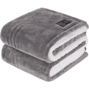 Sealy Heated Blanket Throw with Built-in Button Controller, Reversible Flannel to Sherpa Electric Blanket with 2-10 Hours Auto-Off & 4 Heating Levels, Over-Heat Protection, 50x60 inch, Light Grey