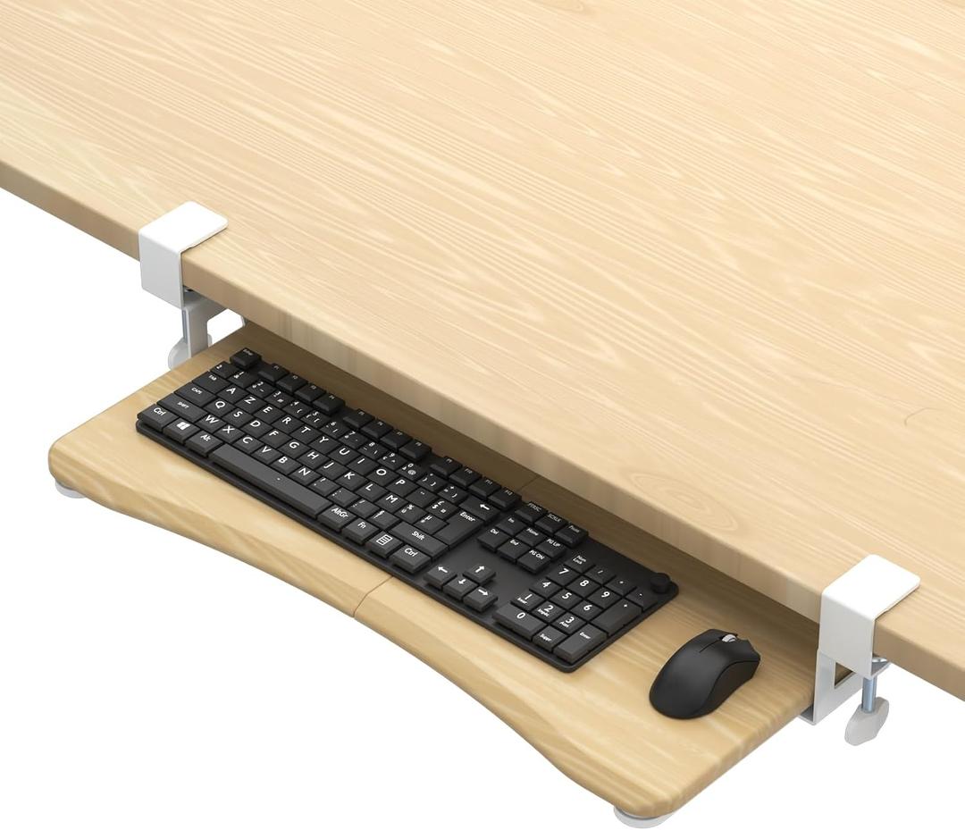 Suptek Keyboard Tray Under Desk Pull Out with C Clamp Mount, Computer Keyboard & Mouse Tray, 25.6 (30 Including Clamps) x 11.8 inch Slide-Out Platform Computer Drawer for Typing, Light Wood, DSF1QM