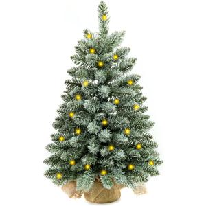 2 ft Mini Christmas Trees with 25 F5 LED Lights, 24" Decorated Burlap Artificial Tabletop Christmas Trees Home Party Decoration for Kitchen Dining Room Window (Green White)