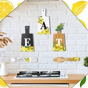 6 Pcs Lemon Cutting Board Eat Sign Set Fall Hanging Art Kitchen Eat Sign Lemon Knife Fork and Spoon Wall Decor Rustic Primitive Farmhouse Kitchen Christmas Decor(Black, White, Yellow)