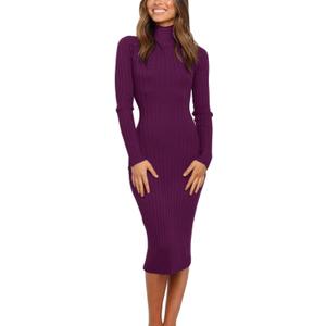 MEROKEETY Women's Long Sleeve Sweater Dress 2025 High Neck Slim Fit Ribbed Knit Midi Winter Dresses (Medium, Plum)