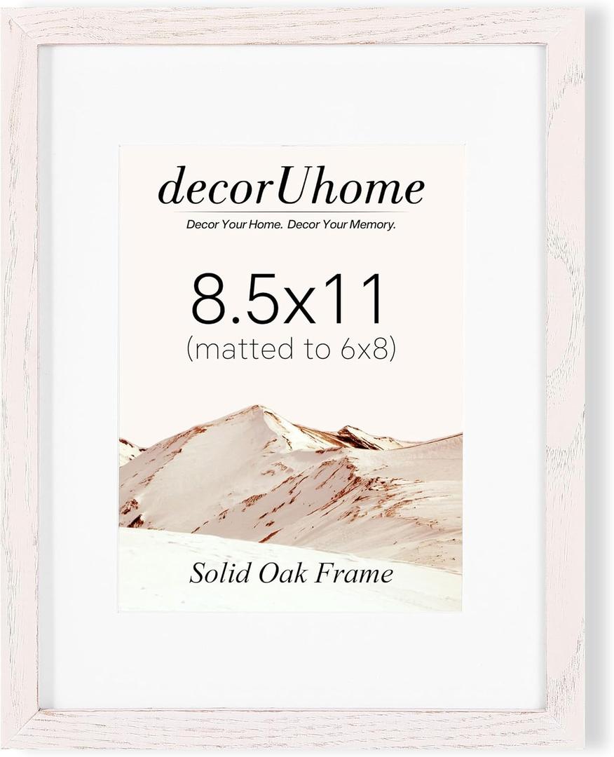 DecorUhome Solid Oak Wood 8.5 by 11 Picture Frame, Display Pictures 6x8 with Mat or 8.5x11 without Mat, Wall & Tabletop Display Picture Frame, White, 1 Pack