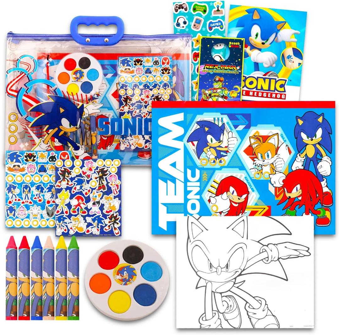 Sonic The Hedgehog Drawing and Painting Set for Boys - Sonic Gift Bundle with Coloring Book, Coloring Utensils, Watercolor Paints, Stickers, Tattoos, More | Sonic Crafts for Kids