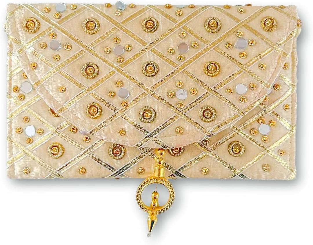 Handmade Indian Purse Wallet Clutch Traditional Ethnic Mirror Work Wedding Shaagun Money Envelope for Celebrations Events Return Gifts (Cream)
