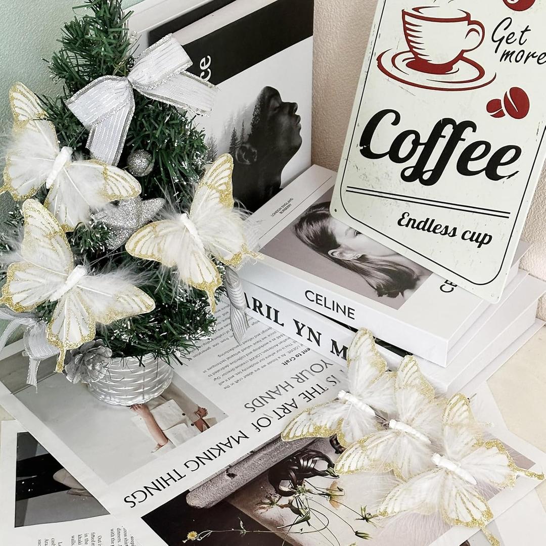 12 PCS Gold Feather Butterfly Glitter Butterflies Decor Christmas Ornaments Clips on for Spring Tree Crafts Flower Bouquets Fairy Garden Wedding Home (Gold)