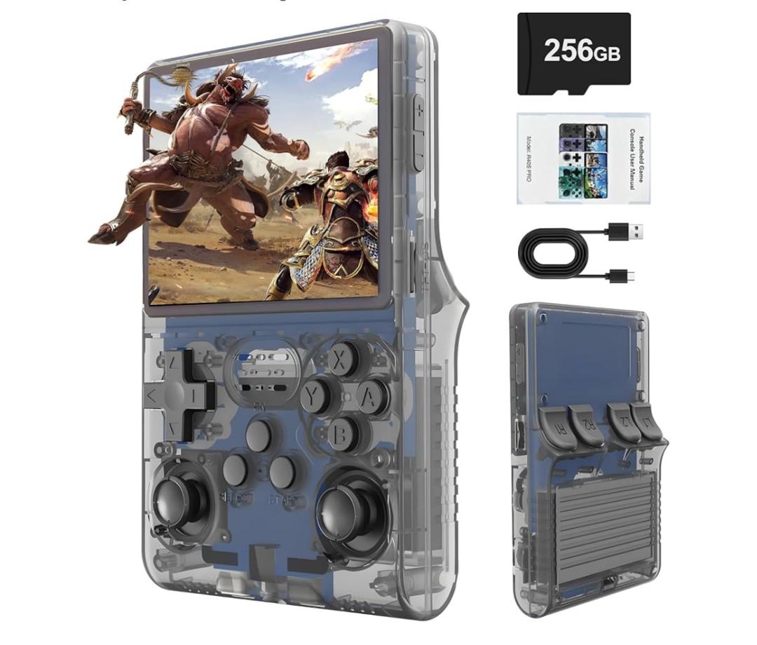 R40S PRO Retro Gaming Console, 30000+ HD Games Handheld Game Console, 3800mAh Rechargeable Mini Retro Video Console with 256GB TF Card, Portable Pocket Arcade (Transparent Grey)