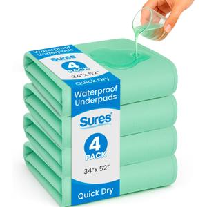 Sures Washable, Waterproof Bed Pad & Mattress Protector for Incontinence (34" x 52" - 4 Pack) - Reusable Bed Pad for Adults & Elderly - Bed Wetting Protection Mattress Pad - Underpad Bedwetting Sheet