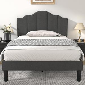 VECELO Twin Size Upholstered Platform Bed Frame with Adjustable Headboard, Wood Slat Support and Noise-Free, No Box Spring Needed, Easy Assembly, Linen Grey