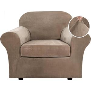 H.VERSAILTEX Rich Velvet Stretch 2 Piece Chair Cover Chair Slipcover Sofa Cover Furniture Protector Couch Soft with Elastic Bottom Chair Couch Cover with Arms Width Up to 49 Inch(Chair,Taupe)