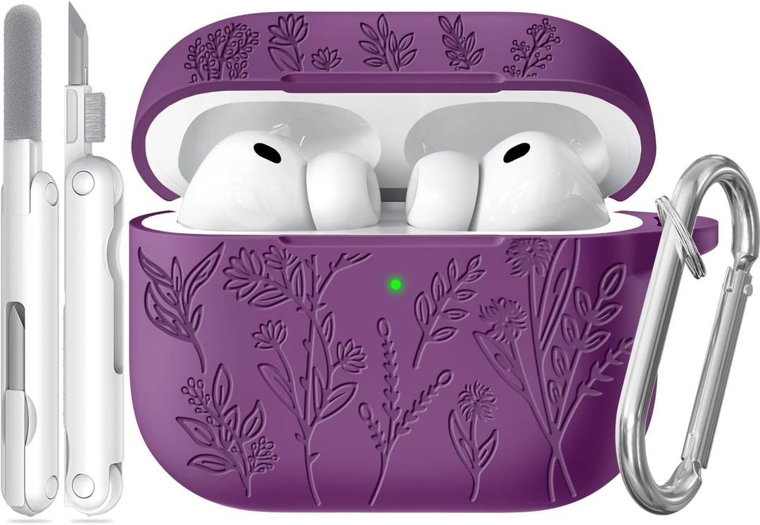 for Airpods Pro 3 Case, Flower Engraved Cases for Apple AirPods Pro 3rd Generation 2025, Soft Silicone Cover for Men Women Girly with Cleaning Kit & Keychain, Anti-Scratch, Shockproof (B-Deep Purple)